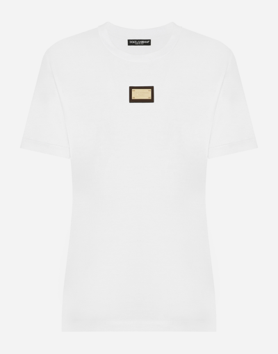 Dolce & Gabbana Jersey T-shirt With Dg Logo Plaque In Optical_white