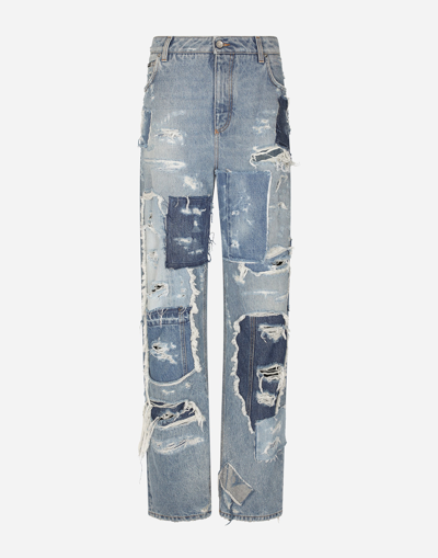 Dolce & Gabbana Patchwork Denim Jeans With Ripped Details In Combined Colour