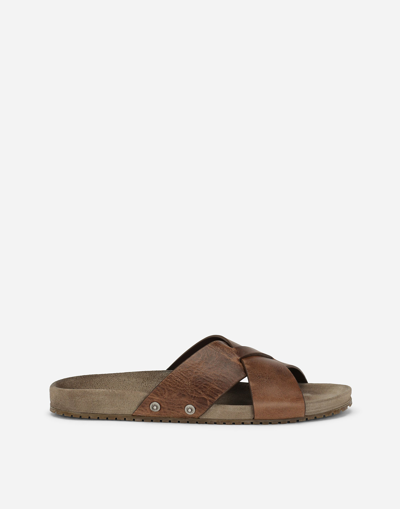 Dolce & Gabbana Calfskin Sliders In Brown