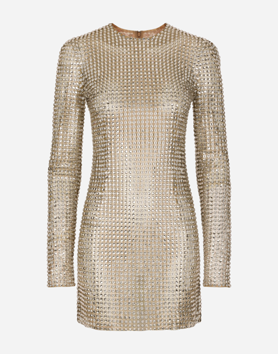 Dolce & Gabbana Abito Corto Con Ricamo Allover In Strass Su Tulle In Crystal