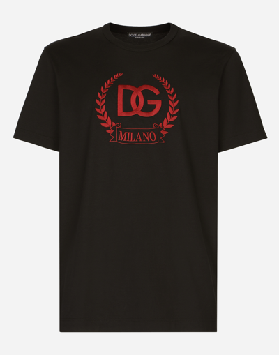 Dolce & Gabbana Cotton T-shirt With Dg Milano Logo Embroidery In Black