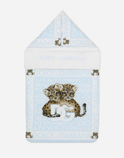 Dolce & Gabbana Babies' Jersey Sleep Sack With All-over Logo Print In Blue