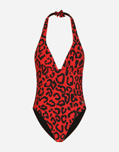 Dolce & Gabbana Leopard-print One-piece Swimsuit With Plunging Neckline In Red