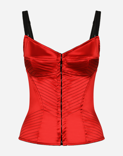 Dolce & Gabbana Satin Corset With Top-stitching And Hook-and-eye Fastenings In Red