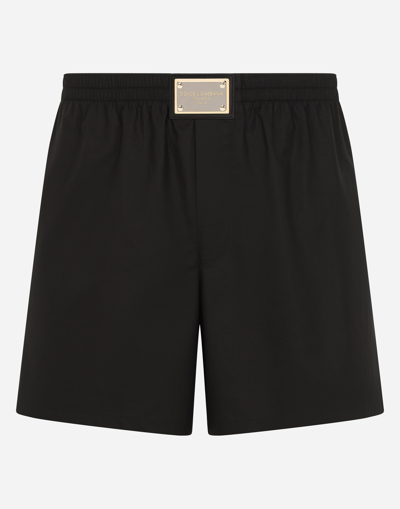 Dolce & Gabbana Long Cotton Boxers With Branded Plate In Black