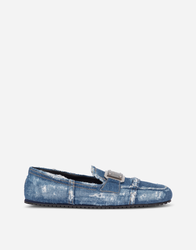 Dolce & Gabbana Patchwork Denim Loafers With Logo Tag In Blu