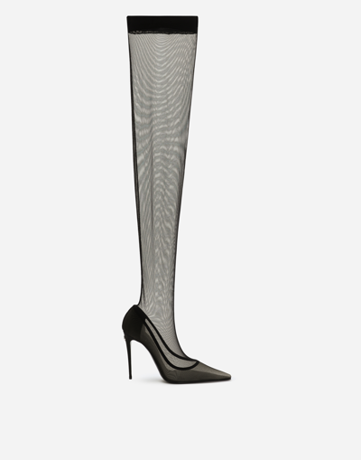 Dolce & Gabbana Lollo Thigh-high Tulle Boots In Black