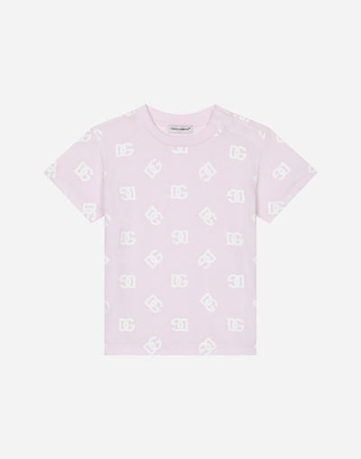 Dolce & Gabbana Babies' Jersey T-shirt With All-over Dg Logo Print In Pink