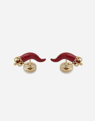 Dolce & Gabbana Good Luck Cufflinks In Enamelled Yellow Gold In Red