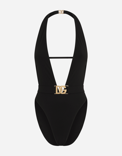 Dolce & Gabbana One-piece Swimsuit With Plunging Neck And Belt