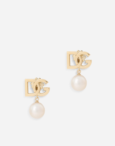 Dolce & Gabbana Logo Earrings In Yellow 18kt Gold With Pearls