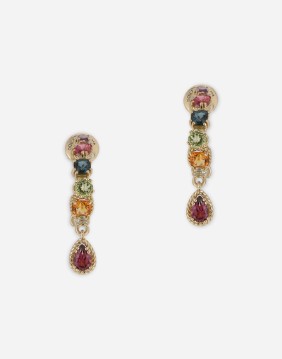Dolce & Gabbana 18 Kt Yellow Gold Pierced Earrings  With Multicolor Fine Gemstones