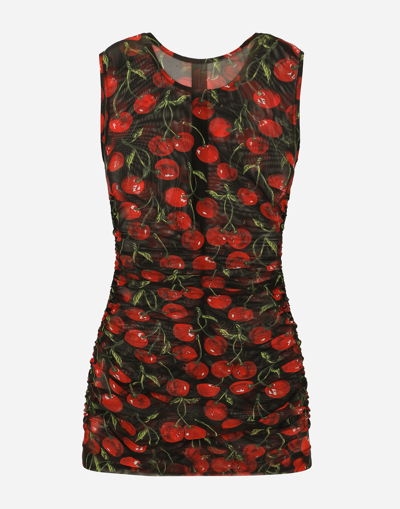 Dolce & Gabbana Semi-sheer Cherry-print Tank Top In Multicolor