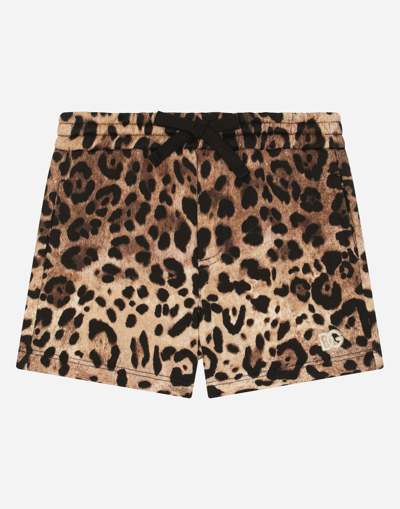 Dolce & Gabbana Babies' Jersey Jogging Shorts With Leopard Print And Dg Logo Embroidery