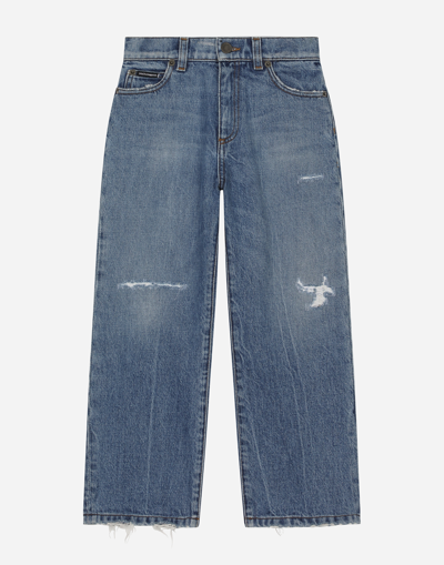 Dolce & Gabbana Kids' Logo-plaque Wide-leg Jeans In Denim