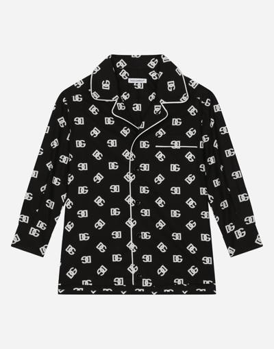 Dolce & Gabbana Kids' Poplin Pyjama Shirt With Dg Logo Print In Black