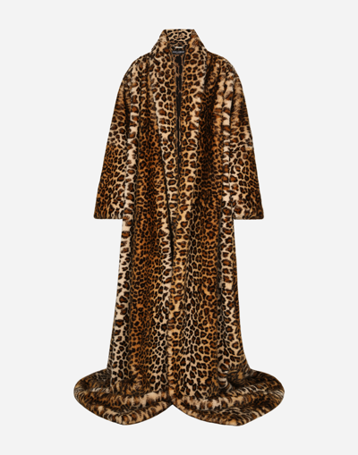 Dolce & Gabbana Long Faux Fur Coat With Leopard Print