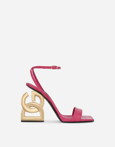 Dolce & Gabbana Crocodile-print Calfskin Sandals With Dg Pop Heel In Cyclamen Geranium