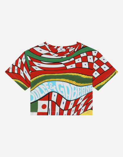 Dolce & Gabbana Kids' Carretto Print Crop Cotton T-shirt In Multicolor