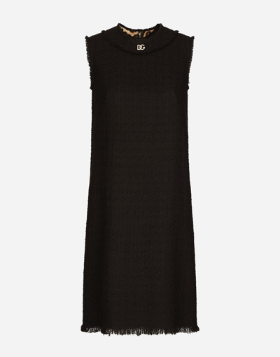 Dolce & Gabbana Raschel Tweed Calf-length Dress With Logo In Black