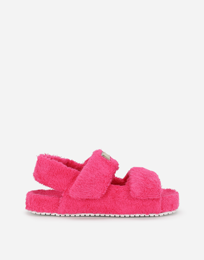 Dolce & Gabbana Logo-plaque Faux-shearling Sandals In Pink