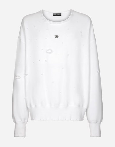 Dolce & Gabbana Destroyed Jersey Round-neck Sweatshirt With Dg Logo