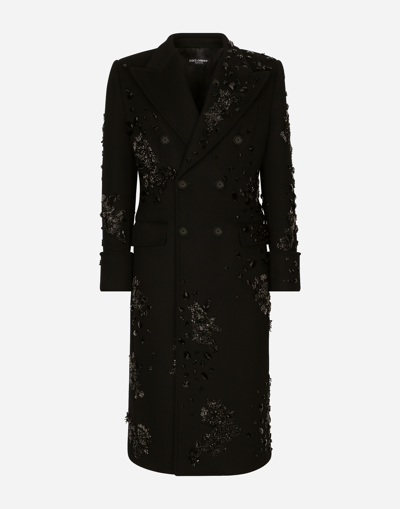 Dolce & Gabbana Double-breasted Coat With Embroidery And Stones In Black