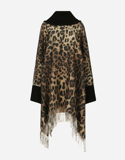 Dolce & Gabbana Animal Patterned Wool Blend Cloak With Cuffs In Brown