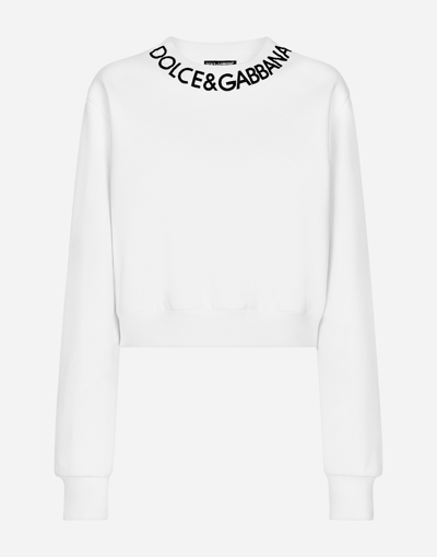Dolce & Gabbana Embroidered Logo Crop Cotton Blend Sweatshirt In Bianco