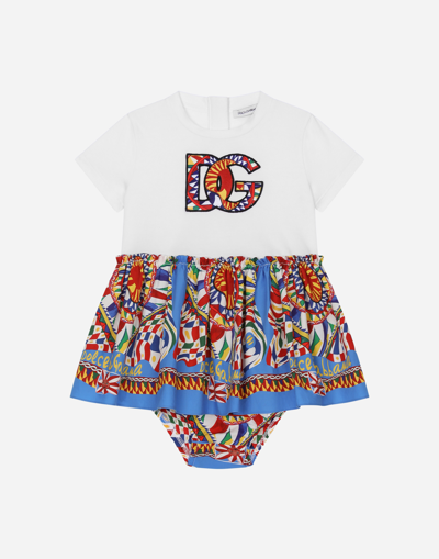 Dolce & Gabbana Babies' Carretto-print Poplin And Jersey Dress With Logo Patch