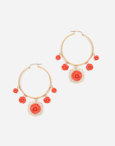 Dolce & Gabbana Coral Loop Earrings In Yellow 18kt Gold With Coral Roses