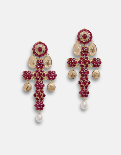 Dolce & Gabbana Family Yellow Gold Cross Pendant Earrings With Rubies