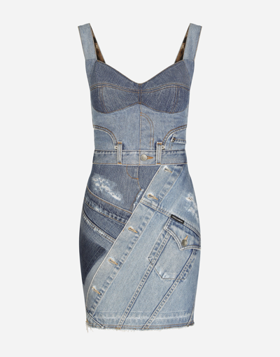 Dolce & Gabbana Short Patchwork Denim Dress In Blue