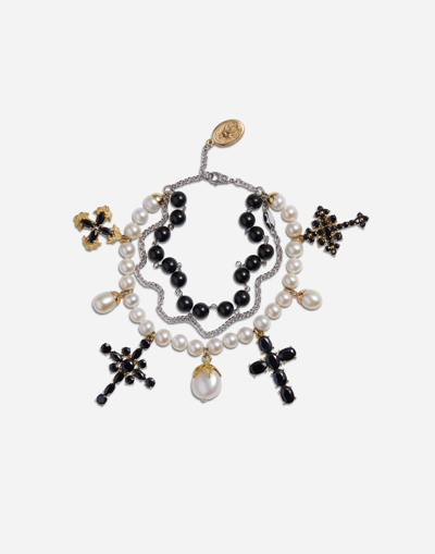 Dolce & Gabbana Yellow And White Gold Family Bracelet With Cblack Sapphire, Pearl And Black Jade Beads