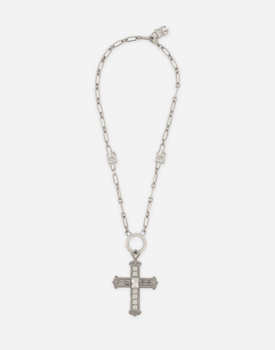 Dolce & Gabbana Chain Necklace With Cross And Crystals In White