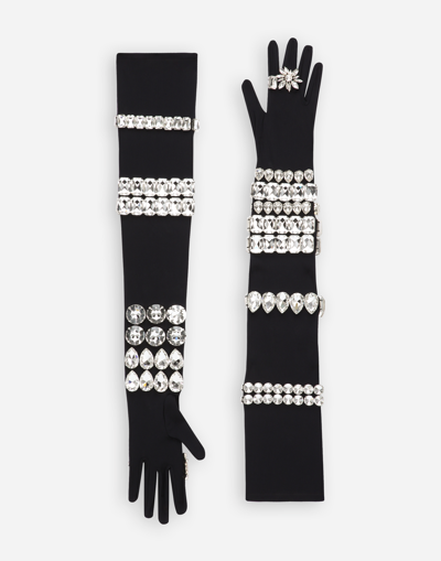 Dolce & Gabbana Long Jersey Gloves With Rhinestone Embellishment In Black