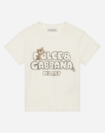 Dolce & Gabbana Jersey T-shirt With Baby Leopard Logo Print In White