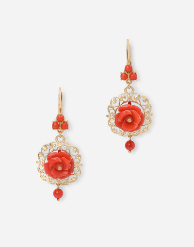 Dolce & Gabbana Coral Leverback Earrings In Yellow 18kt Gold With Coral Roses In Red
