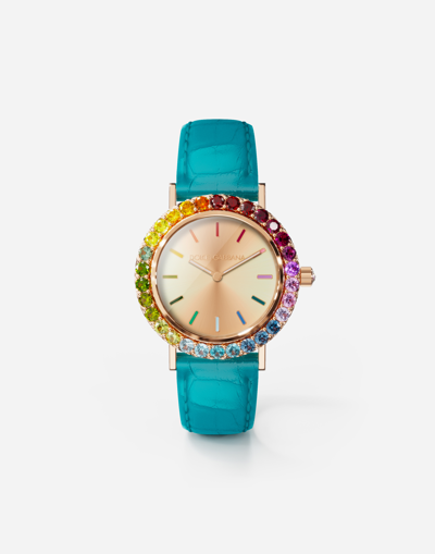 Dolce & Gabbana Iris Watch In Rose Gold With Multi-colored Fine Gems In Blue