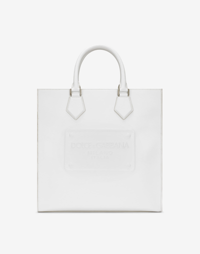 Dolce & Gabbana Calfskin Tote Bag With Raised Logo In White