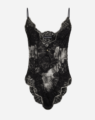 Dolce & Gabbana Lace Bodysuit With Plunging Neckline In Black