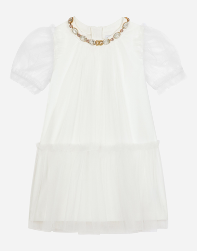 Dolce & Gabbana Tulle Midi Dress With Bejeweled Detail In White