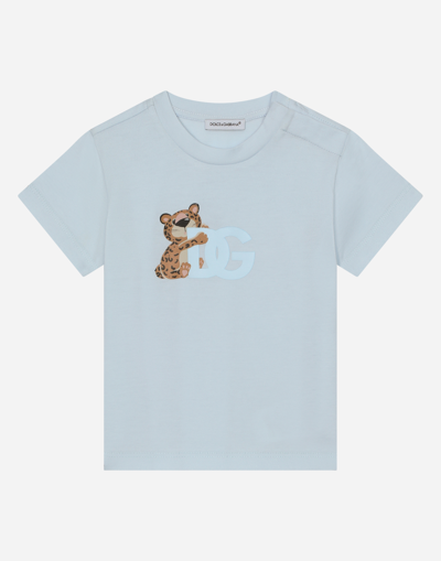 Dolce & Gabbana Jersey T-shirt With Dg Logo Baby Leopard Print In Blue