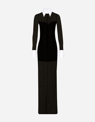 Dolce & Gabbana Kim Dolce&gabbana Long Tulle Dress With Shirt Detailing In Black