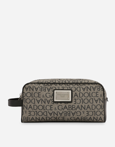 Dolce & Gabbana Coated Jacquard Toiletry Bag In Brown