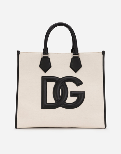 Dolce & Gabbana Canvas Shopper With Calfskin Nappa Details In Black