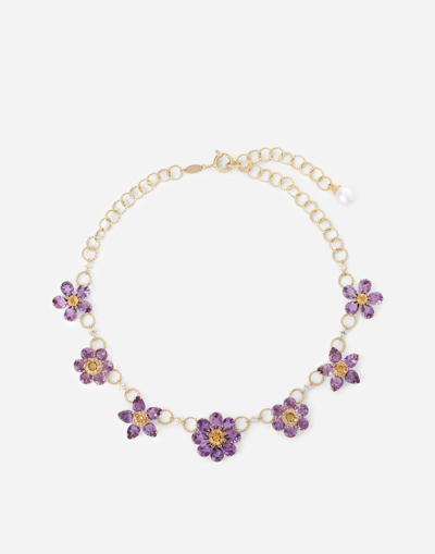 Dolce & Gabbana Spring Necklace In Yellow 18kt Gold With Amethyst Floral Motif