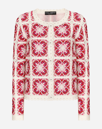 Dolce & Gabbana Brick-stitched Crochet Cardigan With Majolica Print In Multi