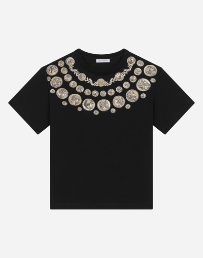 Dolce & Gabbana Short-sleeved Jersey T-shirt With Coin Print In Black