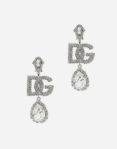 Dolce & Gabbana Drop Earrings With Rhinestone-detailed Logo And Pendant In Metallic